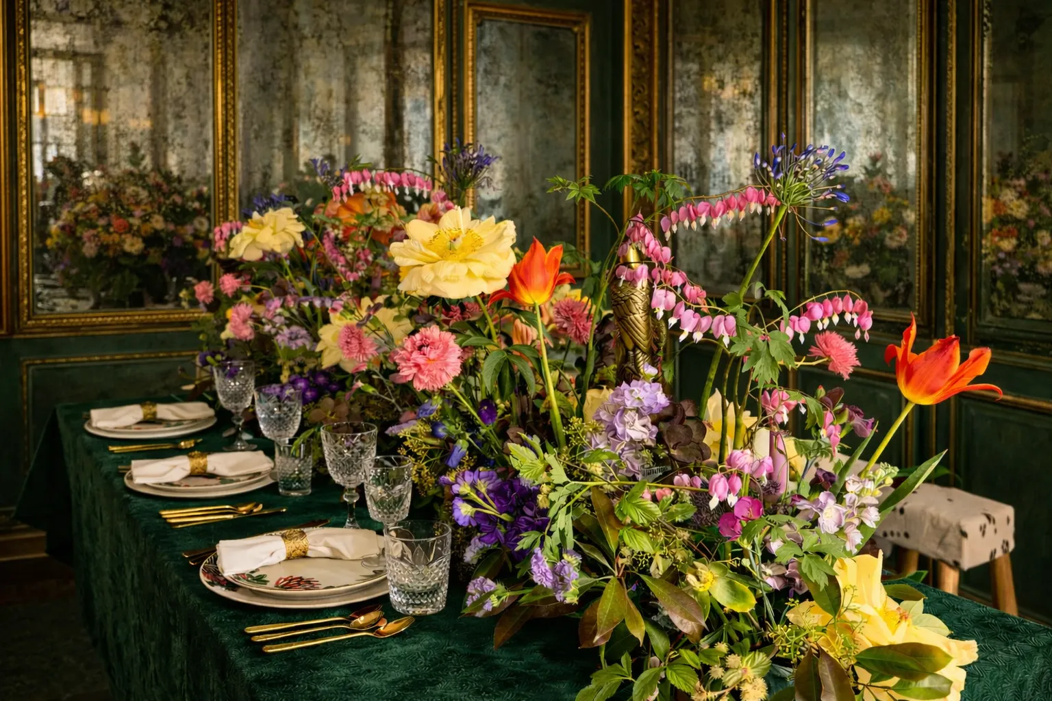 Skulpturales saisonales Blumenarrangement von HOUSER, formatfüllend vor tiefgrünem Hintergrund fotografiert.
