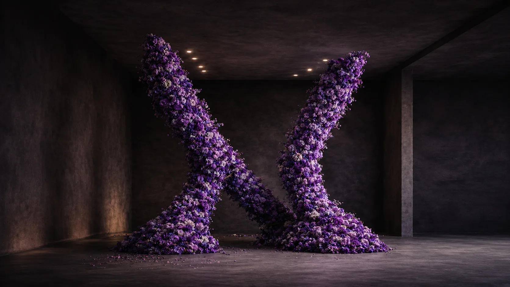 Grossformatige violette Floralinstallation im HOUSER Studio